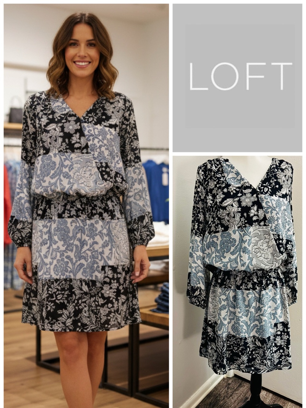 LOFT Mixed Floral Patchwork Faux Wrap Long Sleeve Mini Dress